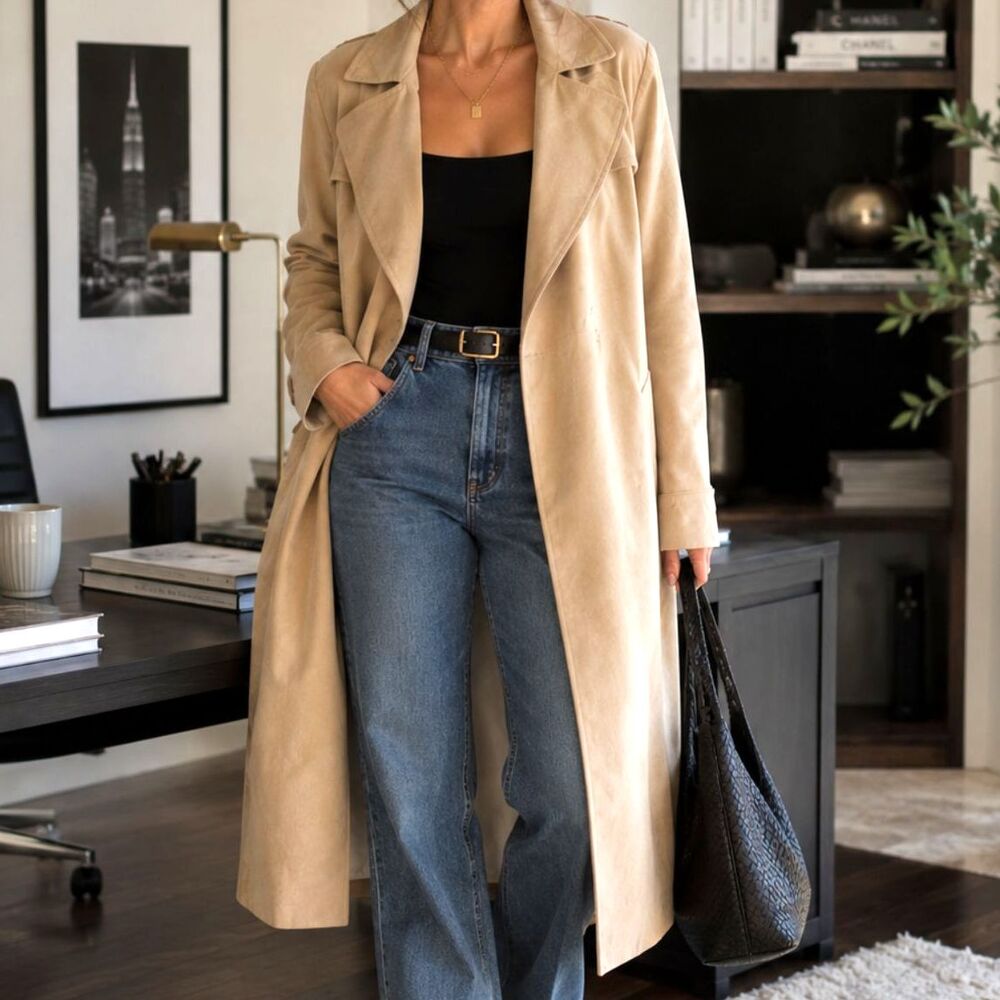 Long Faux Suede Trench Coat Blazer  – Medium Brown / Tan – Size xl